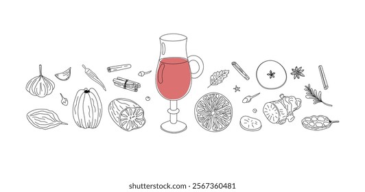 Mulled wine recipe. Drink glass with ingredients. Wine drink, spice linear icons. Restaurant drink card, menu, culinary master class on winemaking.