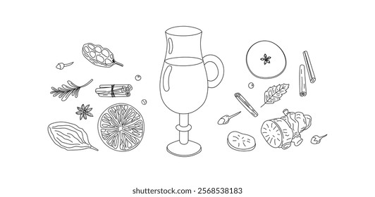 Mulled wine recipe. Drink glass with ingredients. Wine drink, spice linear icons. Restaurant drink card, menu, culinary master class on winemaking.