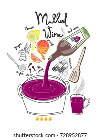 Mulled wine recipe. Hand drawn vector illustration