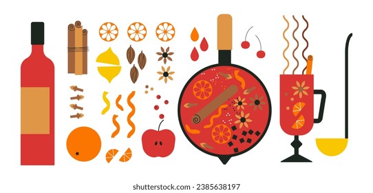 Mulled wine recipe ingredients. Pot with red wine, citrus, spices and berries. Hot glintwine drink with cinnamon, anise star and orange fruit. Saucepan. Winter homemade drink vector set. Cooking class