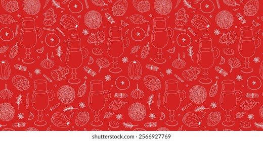 Mulled wine recipe. Repeating pattern. Drink glass with ingredients. Wine drink, spice linear icons. Cooking, winemaking. Seamless background.