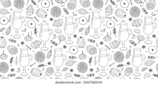 Mulled wine recipe. Repeating pattern. Drink glass with ingredients. Wine drink, spice linear icons. Cooking, winemaking. Seamless background.