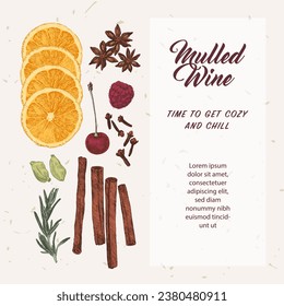 Mulled wine recipe sheet, culinary illustration, hot drinks menu, hand drawn mulled wine ingredients