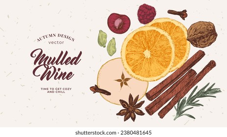 Mulled wine recipe sheet, culinary illustration, hot drinks menu, hand drawn mulled wine ingredients