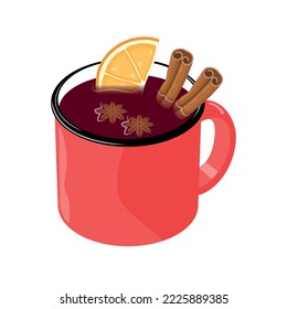 Mulled Wine in a red Cup with cinnamon, orange slice and anise. Red Cup of Mulled Wine on a Christmas Market, New Years Eve or in Winter.