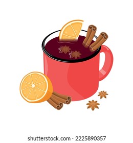 Mulled Wine in a red Cup with cinnamon, orange slice and anise. Red Cup of Mulled Wine with ingredients. Winter Market, Christmas, Hot Cocktail, Winter Punch, Happy New Year