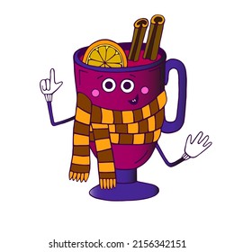 Mulled wine in a scarf. Color hand-drawn vector illustration for cafe menu design, postcard design, textiles, packaging, stickers