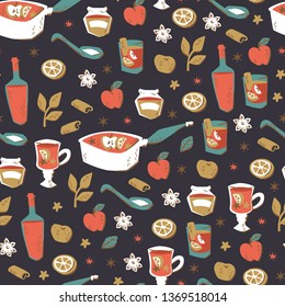 Mulled Wine Seamless Background. Hand Drawn Vector Illustration.
