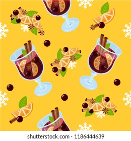 Mulled wine seamless pattern. Autumn drink. Christmas holiday alcoholic cocktail. Vector EPS10. Colorful hand drawn illustration glintwein. Anise star, cinnamon sticks, orange, wine and cloves.
