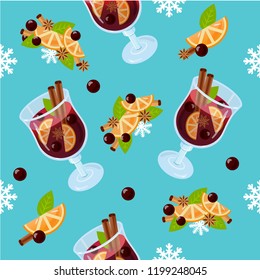 Mulled wine seamless pattern. Autumn drink. Christmas holiday alcoholic cocktail. Vector EPS10. Colorful realistic illustration glintwein. Anise star, cinnamon sticks, orange, wine and cloves.