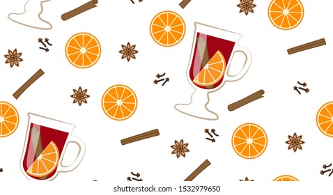 Mulled wine seamless pattern with cinnamon, anise, orange and cloves