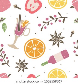 Mulled wine seamless pattern. Colored ingredients on white background.  Can be used for wallpaper, fabric, wrapping paper or Christmas and New Year decoration. Vector shabby hand drawn illustration