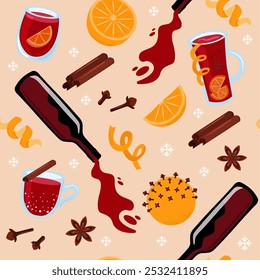 Padrão sem emenda de vinho triturado. Copos de vinho ruminado, garrafa com vinho tinto, frutas cítricas e especiarias. Impressão vetorial para embalagem, tecido, papel de parede.