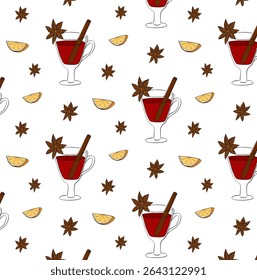 Mulled wine Seamless pattern. Vector graphic line ink illustration. Hand drawn Cinnamon, carnation, anise and orange background. kitchen background for menu design, textile, fabric, wrapping paper
