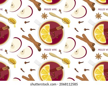 Mulled wine seamless pattern. Warm beverage mug with slices of orange, apples, cinnamon, anise, cloves, honey. Colorful Vector in flat style for textile, wrapping paper, wallpaper, cover design.