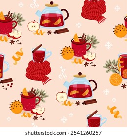 Mulled wine seamless pattern. Winter hot drink, orange, spices. Glass, mug, teapot. Cute colorful trendy vector background for packaging, paper, fabric, wallpaper. 