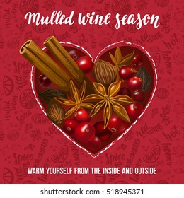Mulled Wine Season. Decorative vector illustration and handwritten brush lettering for your design. Cranberry, cinnamon, star anise, cardamom and nutmeg heart on red background.