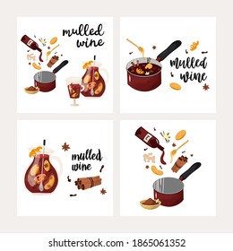 Mulled wine set. cocktail with spices anise, citrus fruit in winter anise beverage holiday alcohol winebowl glass illustration