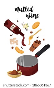 Mulled wine set. cocktail with spices anise, citrus fruit in winter anise beverage holiday alcohol winebowl glass illustration