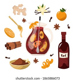 Mulled wine set. cocktail with spices anise, citrus fruit in winter anise beverage holiday alcohol winebowl glass illustration