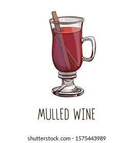 Mulled wine. Set of colorful vector image and modern light narrow lettering isolated on white. Winter time. Popular Christmas drink. Template for winter holidays menu, poster, greeting card