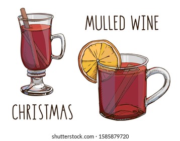 Mulled wine. Set of colorful vector images and modern light narrow lettering isolated on white. Winter time. Popular Christmas drink. Template for winter holidays menu, poster, greeting card