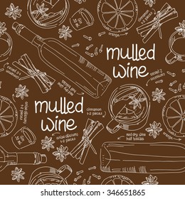 Mulled wine set of drink and hand drawn ingredients vector illustration, pattern