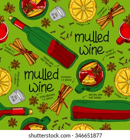 Mulled wine set of drink and hand drawn ingredients vector illustration, pattern