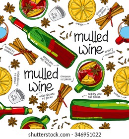 Mulled wine set of drink and hand drawn ingredients vector illustration, pattern