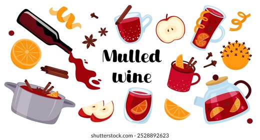 Mulled wine set of elements. Christmas punch in various cups and glasses. Hot red wine with fruit and spice collection.