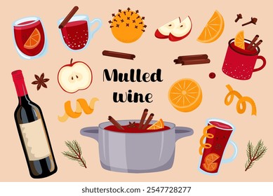 Mulled wine set of elements. Hot red wine with fruit and spice collection. Christmas punch in various cups and glasses. 