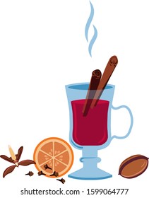 Mulled wine set with glass of drink and hand drawn ingredients vector illustration