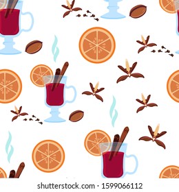 Mulled wine set with glass of drink and hand drawn ingredients vector illustration