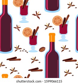 Mulled wine set with glass of drink and hand drawn ingredients vector illustration