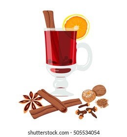 Mulled wine set with glass of drink and ingredients: cinnamon, citrus, clove, nutmeg, star anise. vector illustration. Known as gluhwein, glogg, cardinal