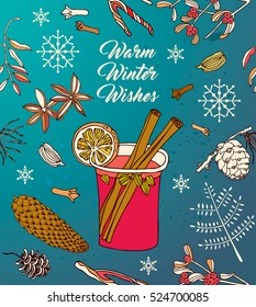 Mulled wine set with glass of drink and hand drawn ingredients vector illustration