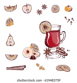 Mulled wine set with glass of drink and hand drawn ingredients. Vector illustration