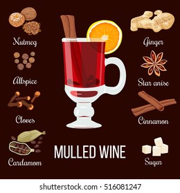 Mulled wine set with glass of red drink and all ingredients. zest, cloves, nutmeg, star anise, sugar, cinnamon, citrus, cardamom, ginger. vector illustration. Known as cardinal gluhwein glogg