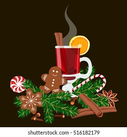 Mulled wine set with glass of red drink, gingerbread man, candy cane, lolly pop, fir tree twig, zest, cloves, nutmeg, star anise, sugar, cinnamon, citrus, cardamom, ginger. vector illustration.