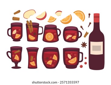 Mulled Wine Set. Hot Alcohol Drink with Spices, Fruits and Berries.  Different Glasses Shapes. Elements. Flat Design.