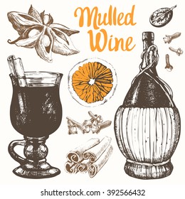 Mulled wine set in sketch style. Classical winter drink. Vector illustration with old bottle, grape, cinnamon, orange. 