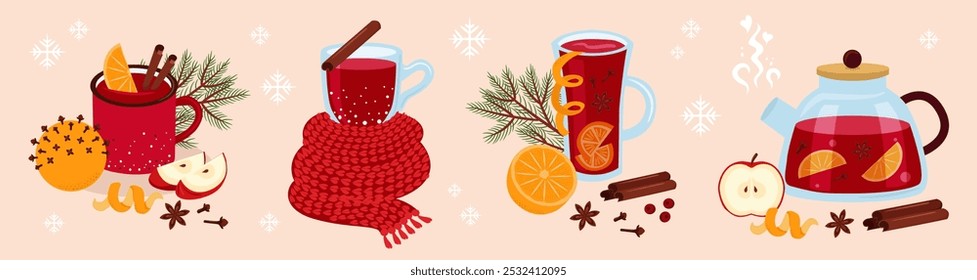 Mulled wine. Set of vector illustrations. Winter hot drink, orange, spices. Glass, mug, teapot. Compositions of cute design elements.