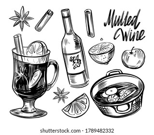 Mulled wine sketch illustration. Cocktail. Hand drawn vector outline with transparent background