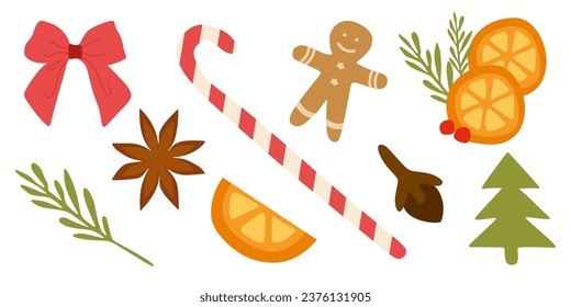 Mulled wine spice mix. Gingerbread seasoning blend with spicy ingredients. Flat hand drawn orange, clove, cinnamon, anise, candy cane, bow, fir tree. Christmas winter flat illustration, Cartoon set.