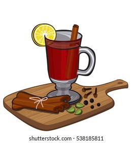 Mulled wine with spice on cutting board