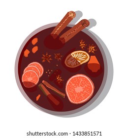 Mulled wine spices with cinnamon in the pot on white background. Holiday composition with decorations. Flat style illustration. Festive greeting card, banner, poster sketch design. Vector