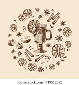 Mulled wine. Wine and spices, orange, apple, cinnamon, carnation, anisetree. Hand drawn vector Illustration.