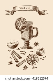 Mulled wine. Wine and spices, orange, apple, cinnamon, carnation, anisetree. Hand drawing, Vector illustration