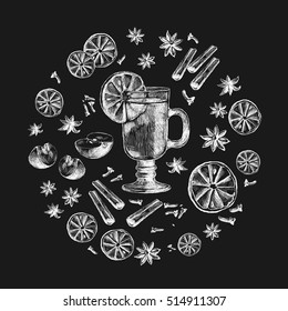 Mulled wine Wine and spices, orange, apple, cinnamon, carnation, anisetree. Hand drawn vector Illustration.