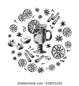 Mulled wine Wine and spices, orange, apple, cinnamon, carnation, anisetree. Hand drawn vector Illustration.